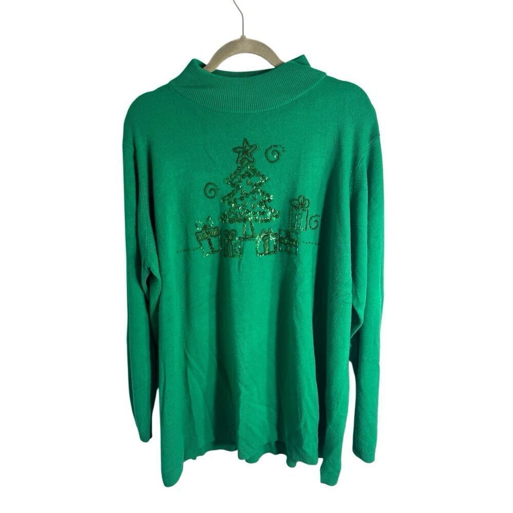 Quacker Factory Womens Mock Neck Christmas Tree Pullover Sweater Green Size 3X